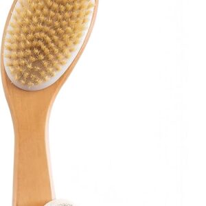 Dry Brushing Body Brush with Contoured Wooden Handle,Natural Bristle Exfoliating Scrubber for Lymphatic Drainage,Dry Skin,Pore Cleansing,Cellulite Decrease and Blood Circulation Boost